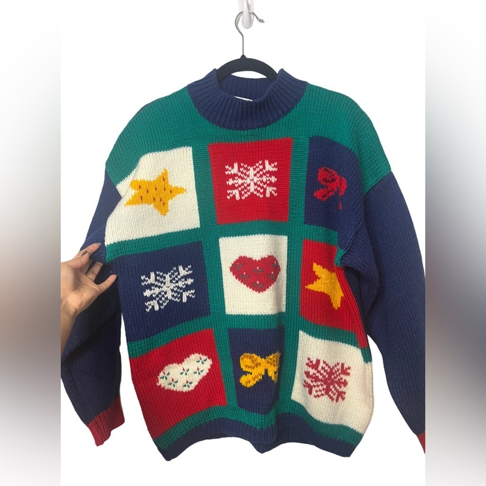 Vintage Colorblock Colorful Patchwork Christmas Sweater L - Picture 2 of 5